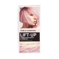 KISS Colors &amp; Care Lift Up Complete Bleach &amp; Tone Kit in Rose, packaging shows a woman with short rose-colored hair, "Tone &amp; Condition" and before/after hair color swatches.