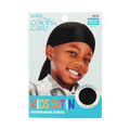 Packaging for KISS Colors &amp; Care Kids Satin Powerwave Durag in black, featuring a smiling child wearing the durag and text highlighting premium silky satin quality and one size fits all.