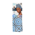 KISS Colors &amp; Care limited edition soft satin wrap scarf in light blue with decorative brown and black patterns, shown on packaging with model wearing scarf.