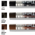 Three KISS Colors &amp; Care Tintation Spray cans in shades Black, Darkest Brown, and Medium Brown with matching hair color swatches and product details.