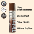 KISS Colors &amp; Care Tintation Spray in medium brown with brown cap, highlighting olive oil extract treatment, water-resistant, smudge-proof, pillow friendly, and quick 1-minute dry time.