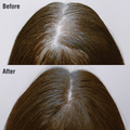 Top-down view of medium brown hair showing scalp with visible gray roots labeled "Before" and the same hair with gray roots concealed labeled "After."