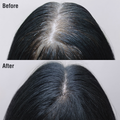 Top and bottom close-up views of scalp and hair parting showing before and after using KISS Colors &amp; Care Tintation Spray in Natural Black, with grey roots visibly covered.