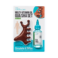 KISS Colors &amp; Care Tea Tree Multivitamin Oil and dark wood Gua Sha tool set in clear packaging, labeled "Circulate &amp; Detox" with massage guide included.
