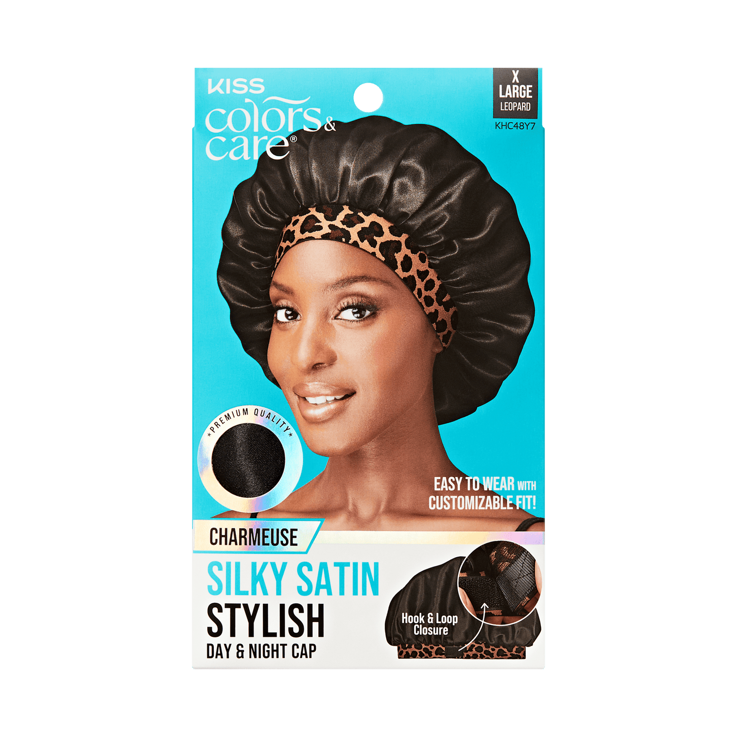 Kiss Colors &amp; Care Silky Charmeuse Satin Stylish Day &amp; Night Cap - Black &amp; Leopard