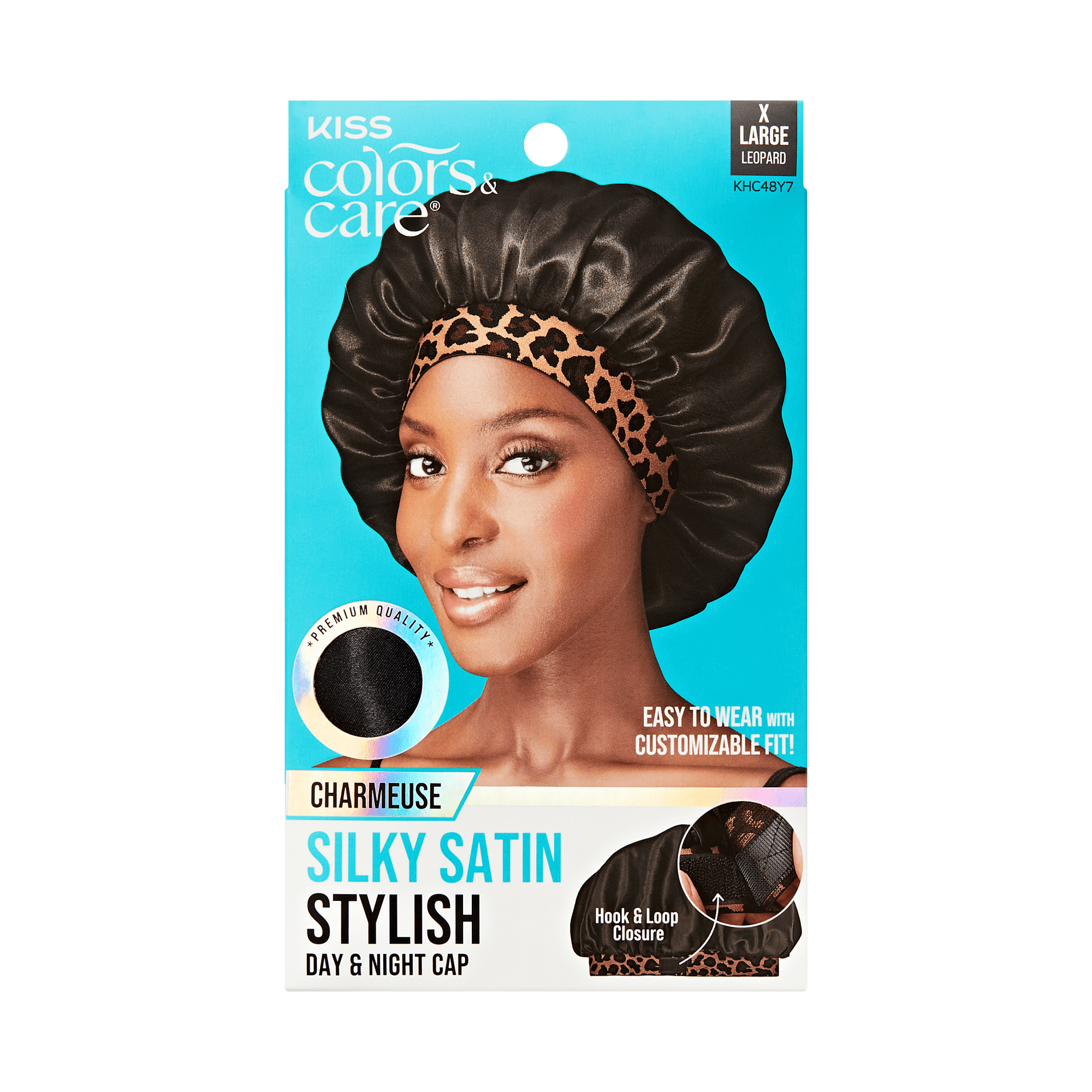 Kiss Colors &amp; Care Silky Charmeuse Satin Stylish Day &amp; Night Cap - Black &amp; Leopard