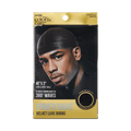 Black velvet durag with long wide tails, shown on a man, packaged in gold and black with text highlighting "Power Wave Velvet Luxe Durag" and "Ultimate compression for 360° waves."