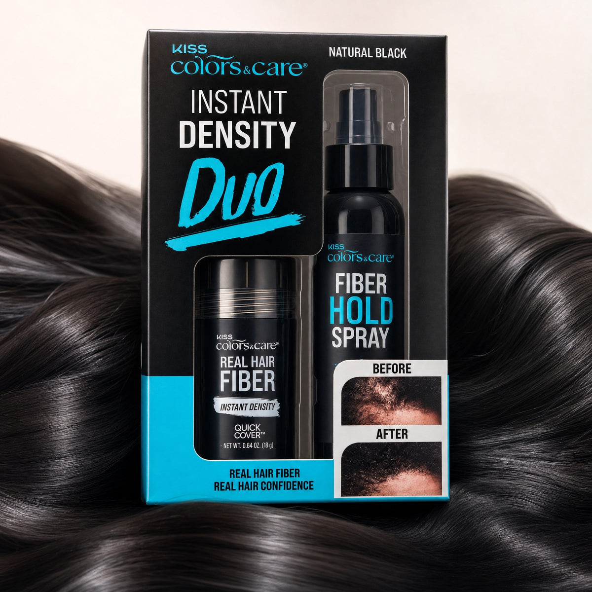 Kiss Colors &amp; Care Real Hair Fiber &amp; Fiber Hold Spray Set | Natural Black, Instant Density Duo, Quick Cover, Starter Kit, Hair Color