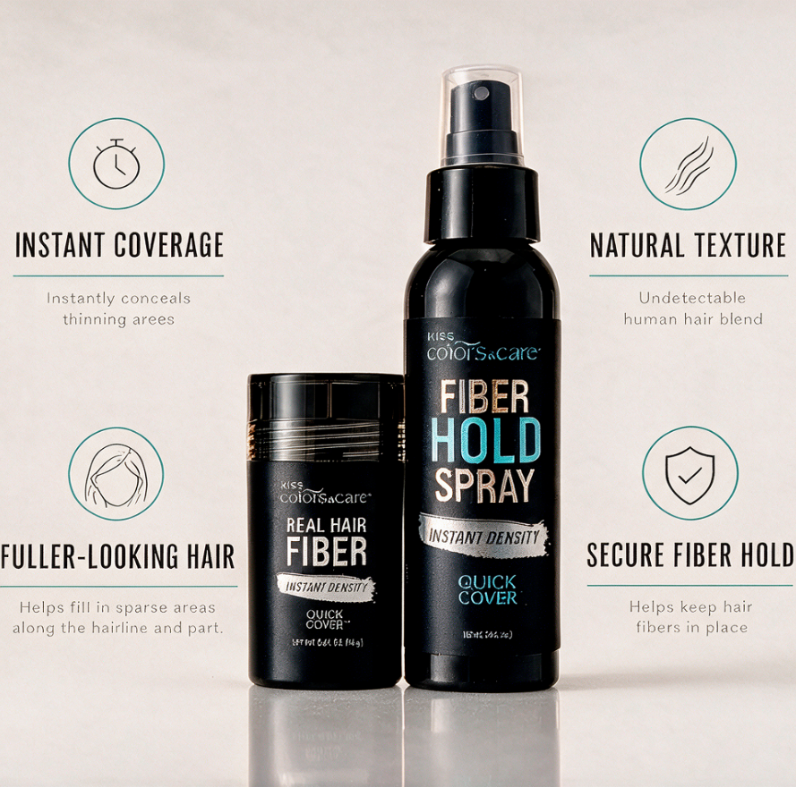 Kiss Colors &amp; Care Real Hair Fiber &amp; Fiber Hold Spray Set | Natural Black, Instant Density Duo, Quick Cover, Starter Kit, Hair Color