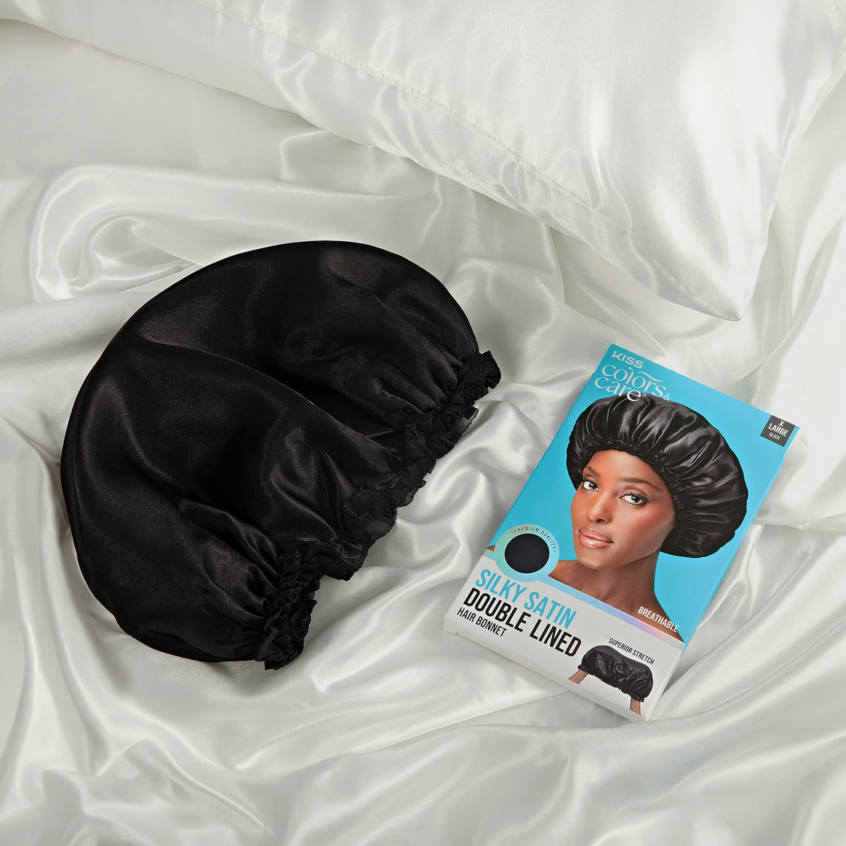 Kiss Colors &amp; Care Silky Satin X-Large Bonnet Cap - Black | Extra-Large, Silk Bonnet, Sleep Bonnet, Hair Accessories