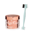 Clear jar with rose gold lid of KISS Edge Fixer Maximum Hold Sweet Peach styling gel next to a light blue dual-sided edge brush and comb tool.