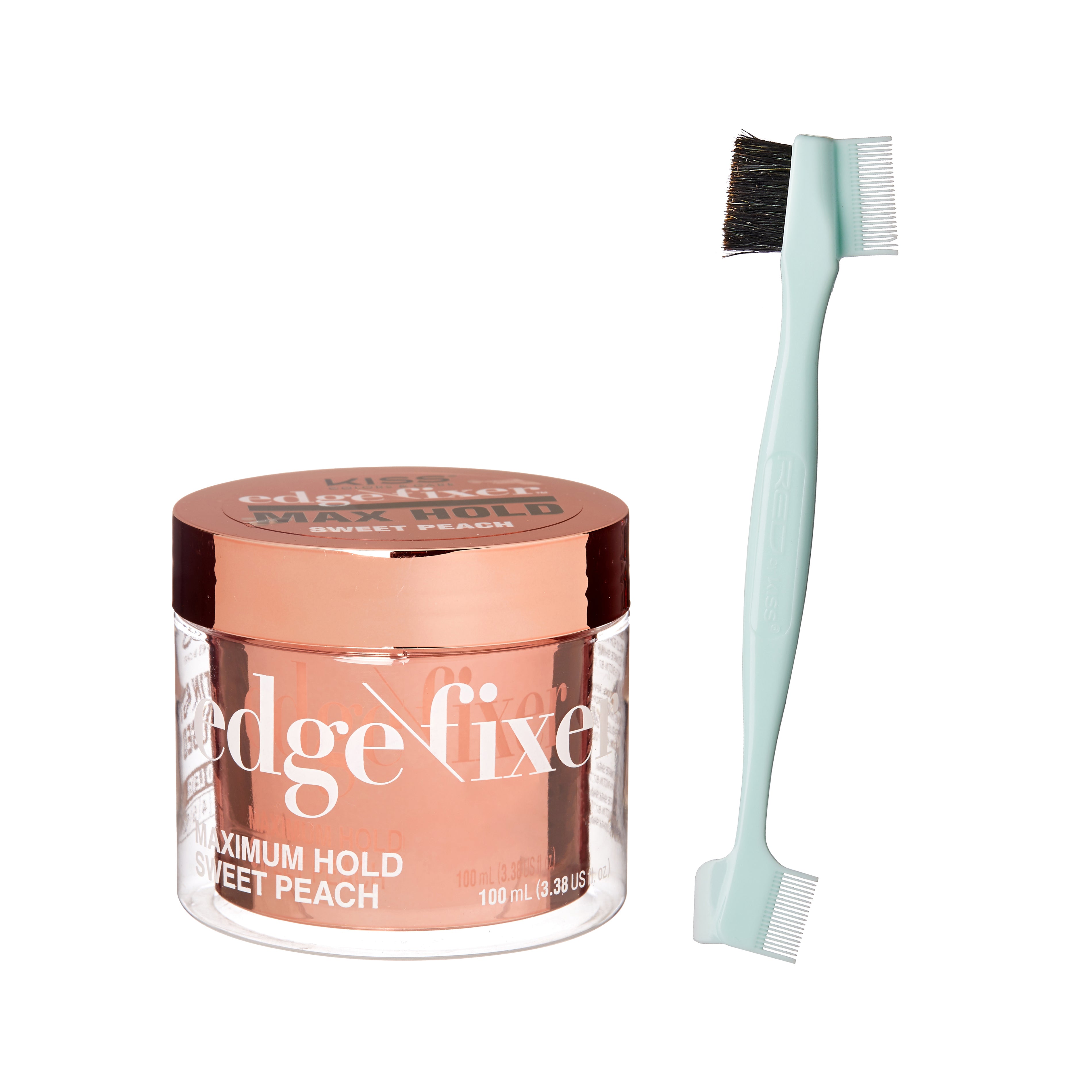 Clear jar with rose gold lid of KISS Edge Fixer Maximum Hold Sweet Peach styling gel next to a light blue dual-sided edge brush and comb tool.