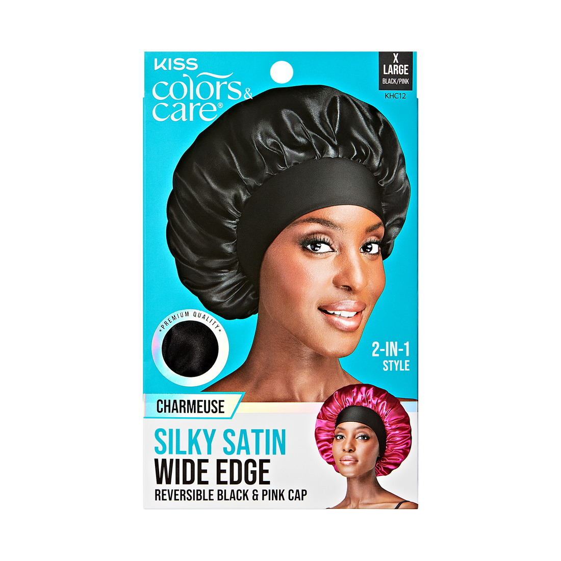 Kiss Colors &amp; Care Silky Satin Double Wear Bonnet Cap - Black | Reversible, Silk Bonnet, Sleep Bonnet, Super Jumbo, Hair Accessories