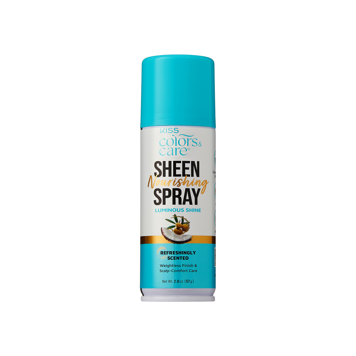A single aerosol can of Kiss Colors &amp; Care Sheen Nourishing Spray with a turquoise cap and white label, centered on a plain white background.