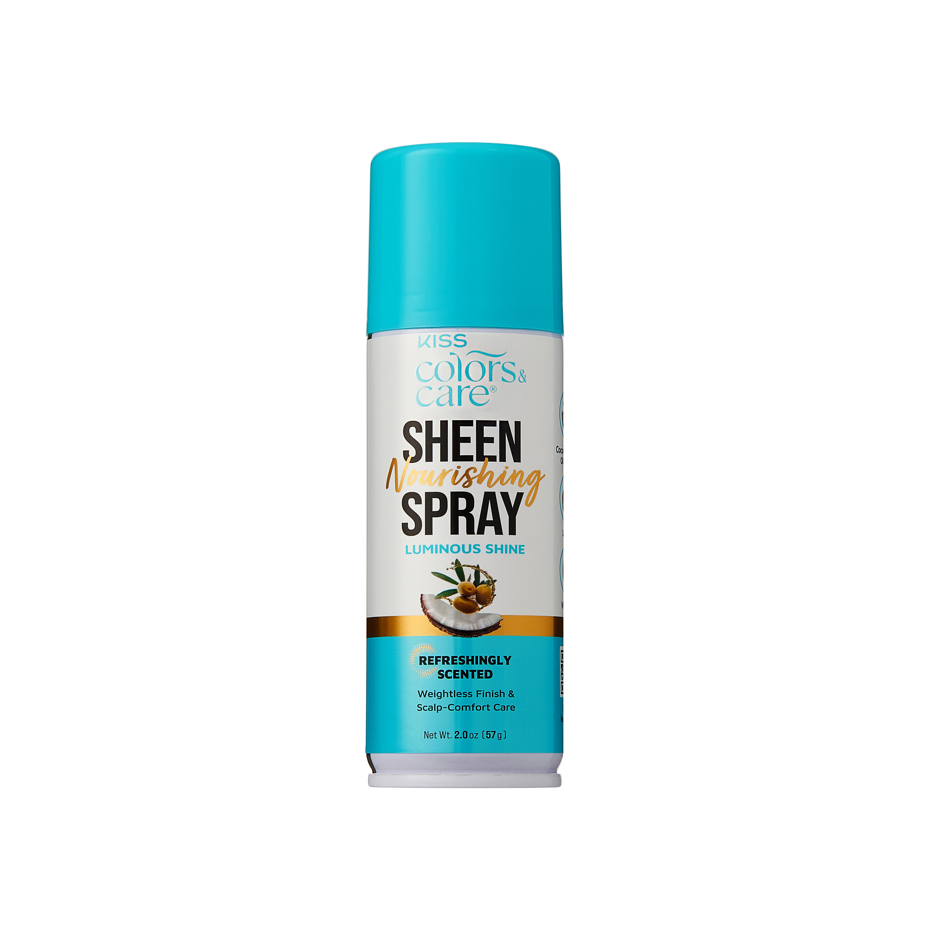 A single aerosol can of Kiss Colors &amp; Care Sheen Nourishing Spray with a turquoise cap and white label, centered on a plain white background.
