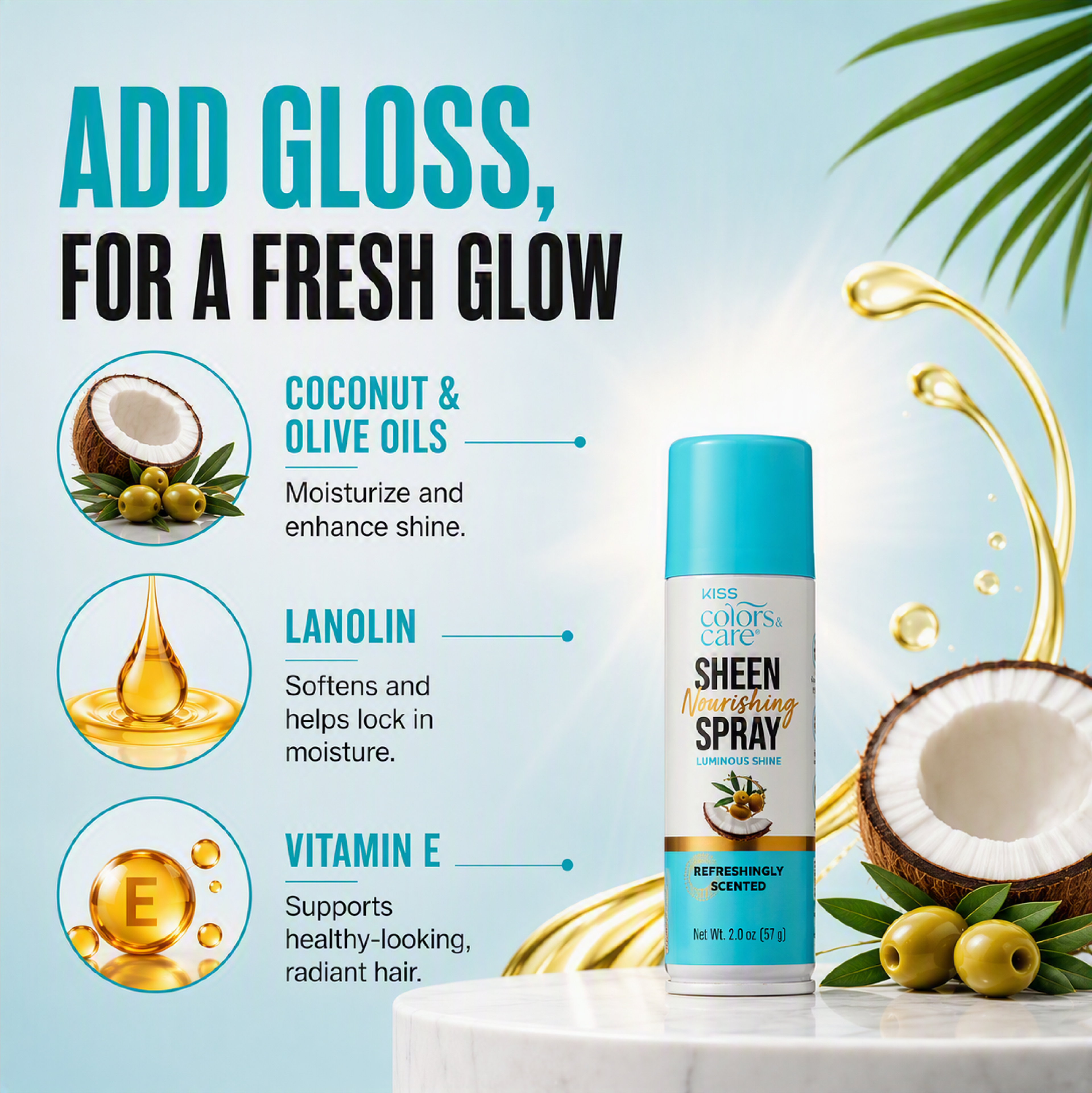 Kiss Colors &amp; Care Nourishing Sheen Spray for Luminous Shine | Travel Size, 2 US fl. oz, Hair Care