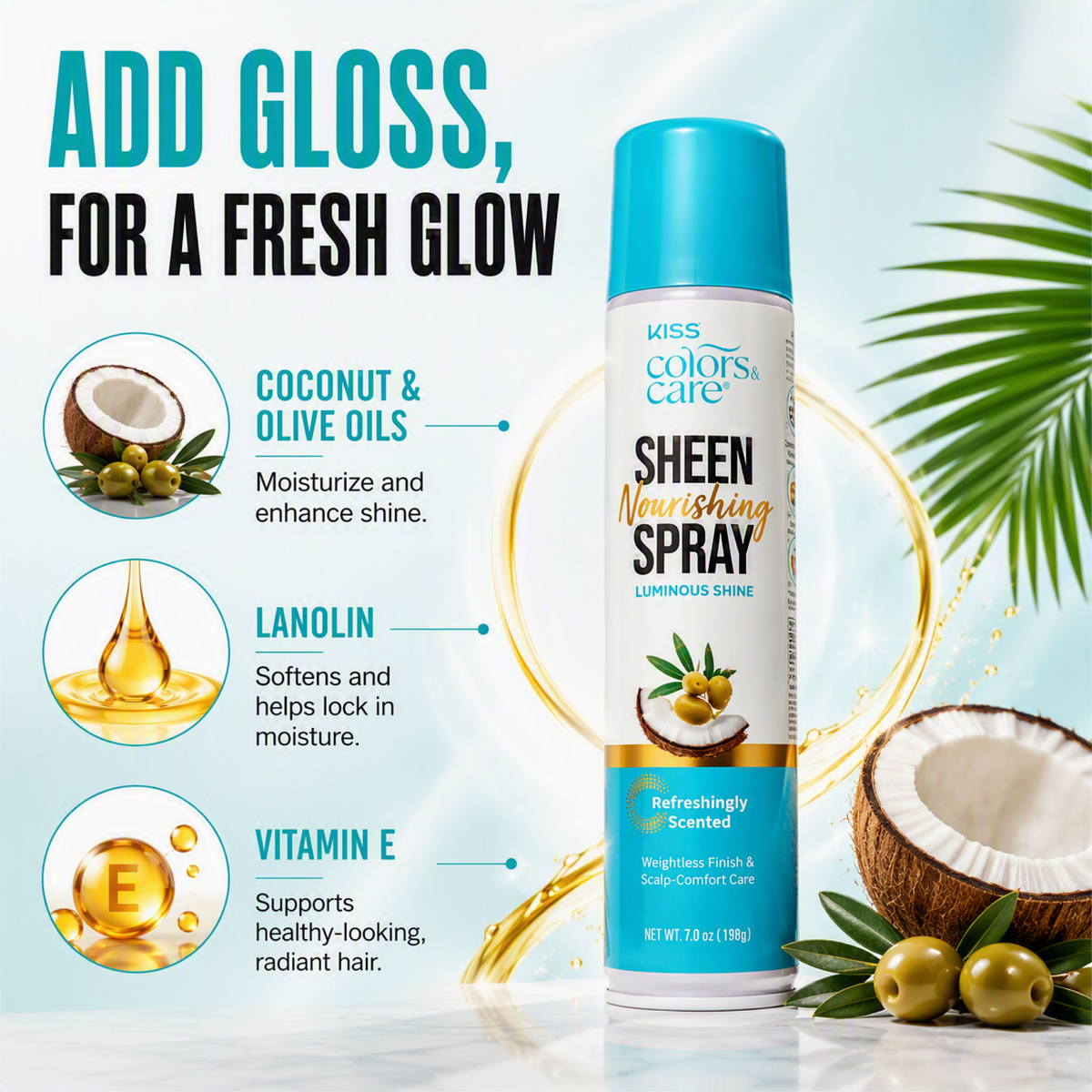 Kiss Colors &amp; Care Nourishing Sheen Spray for Luminous Shine | 7 US fl. oz, Hair Care