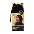 Black satin-lined rain cap with adjustable strap shown on packaging featuring a smiling woman, labeled 100% waterproof and premium quality.