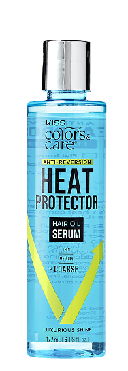 Bottle of Kiss Colors & Care Heat Protector Hair Oil Serum in blue packaging with silver cap, designed for medium to coarse hair, promotes anti-reversion and luxurious shine.