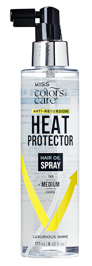 Clear plastic spray bottle with black pump labeled "Kiss Colors & Care Anti-Reversion Heat Protector Hair Oil Spray" for thin to medium hair, 177 mL.
