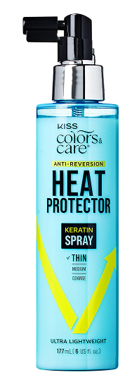 Kiss Colors & Care Heat Protector keratin spray in a blue bottle with black pump, labeled for anti-reversion and ultra lightweight use on thin to coarse hair.