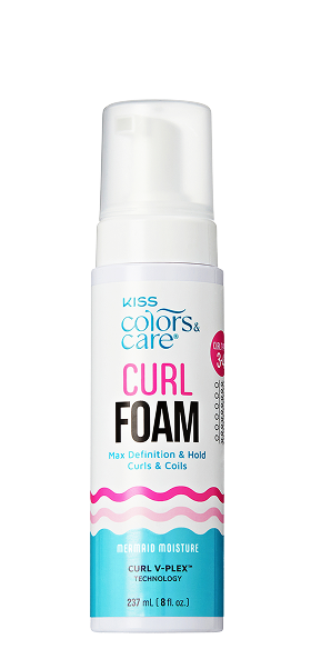 White and teal bottle of Kiss Colors & Care Curl Foam with pump dispenser, featuring "Max Definition & Hold Curls & Coils" and "Mermaid Moisture" on the label, 237 ml.