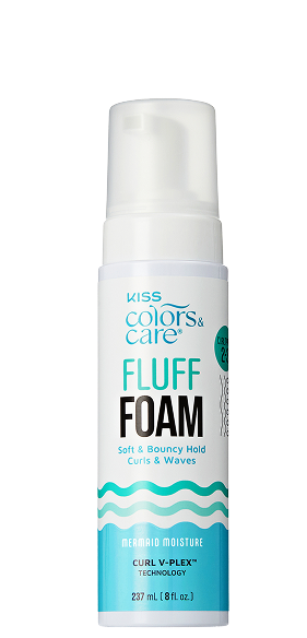 Kiss Colors & Care Fluff Foam in white and turquoise bottle, 237 mL, with text "Soft & Bouncy Hold Curls & Waves" and "Mermaid Moisture Curl V-Plex Technology."
