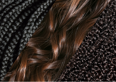 Close-up of three hair textures: tight braids in black, smooth wavy brown strands, and dense black curls, showcasing diverse styling options.