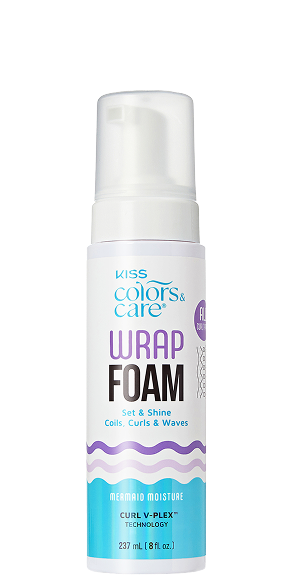 Kiss Colors & Care Wrap Foam bottle for coils, curls, and waves with Mermaid Moisture and Curl V-Plex Technology, 237 ml (8 fl oz).