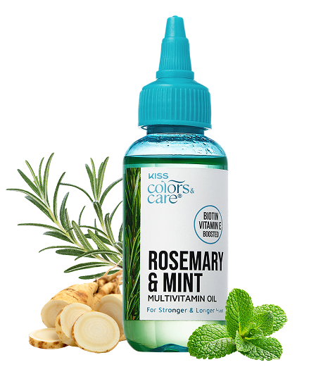 Kiss Colors & Care Rosemary & Mint Multivitamin Oil bottle with blue cap, surrounded by rosemary sprig, ginger slices, and mint leaves.
