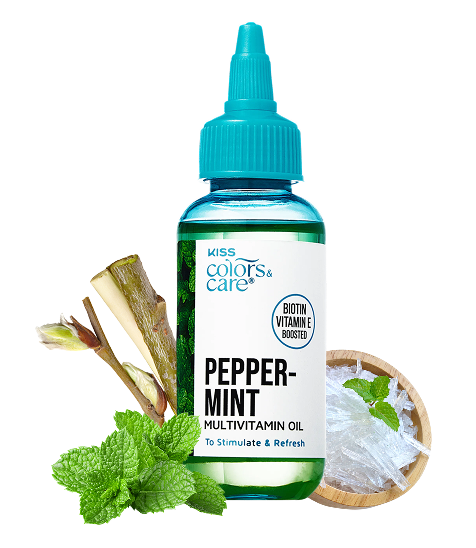 Kiss Colors & Care peppermint multivitamin oil with biotin and vitamin E, shown with fresh peppermint leaves and herbal ingredients.