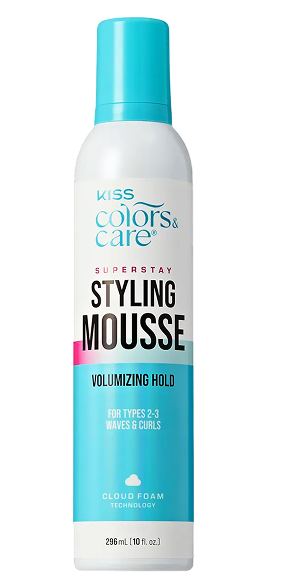 White and teal bottle of Kiss Colors & Care Superstay Styling Mousse with volumizing hold, for types 2-3 waves and curls, featuring Cloud Foam Technology.