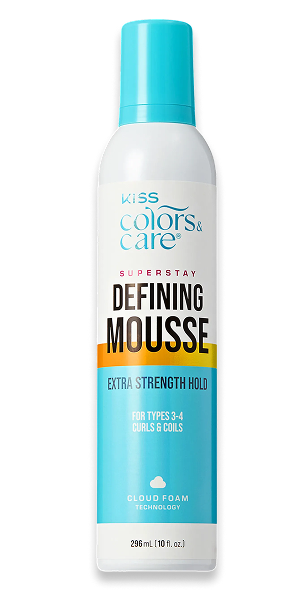 Kiss Colors & Care Superstay Defining Mousse bottle with extra strength hold, for types 3-4 curls and coils, cloud foam technology.