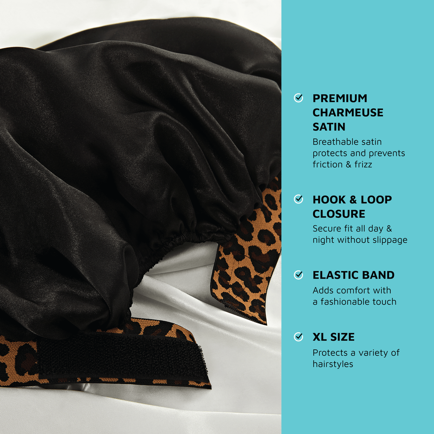 Kiss Colors &amp; Care Silky Charmeuse Satin Stylish Day &amp; Night Cap - Black &amp; Leopard