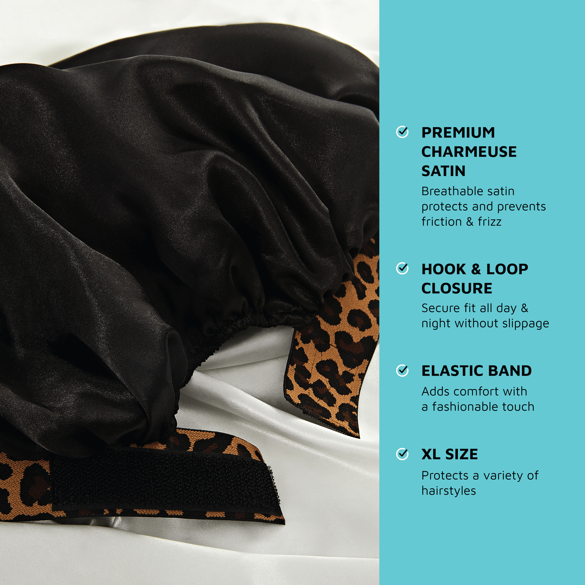 Kiss Colors &amp; Care Silky Charmeuse Satin Stylish Day &amp; Night Cap - Black &amp; Leopard