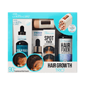 KISS Colors &amp; Care Hair Growth Trio set with scalp fixer, spot fixer serum, hair growth oil, and scalp stimulating applicator. Before and after photos show fuller hair. Claims highlight 90% experienced hair growth.