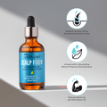 Amber glass dropper bottle with a blue label reading "Scalp Fixer Strengthening Hair &amp; Scalp Serum" next to icons highlighting relief of tension, nourishing natural oils, and itch reduction.