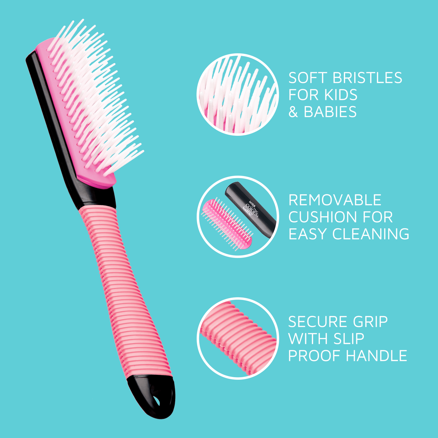 Kiss Colors &amp; Care Mini Non-Slip Soft Bristle Detangling Brush - Pink