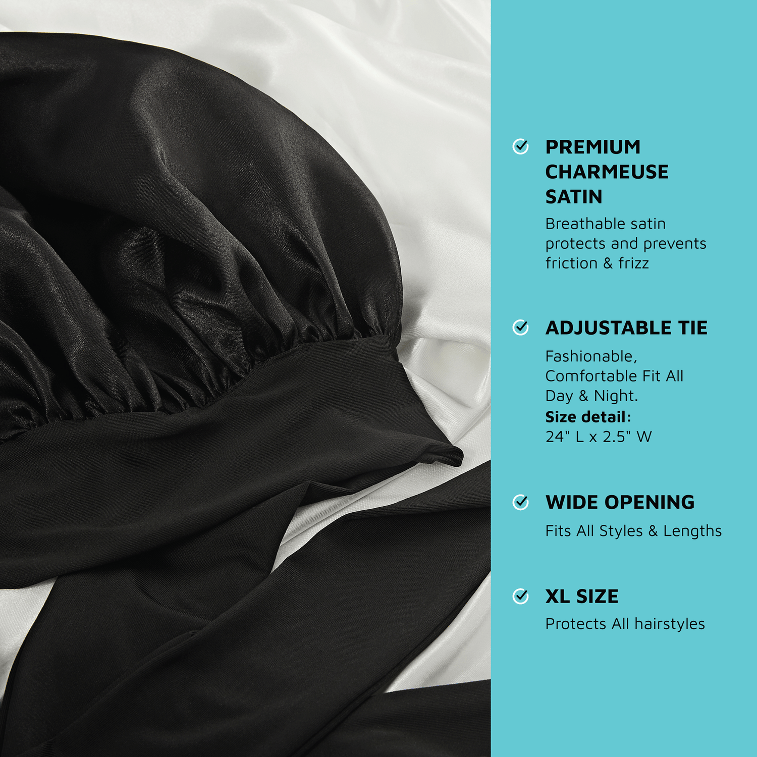 Kiss Colors &amp; Care Silky Satin Tie Band Edge Bonnet - Black