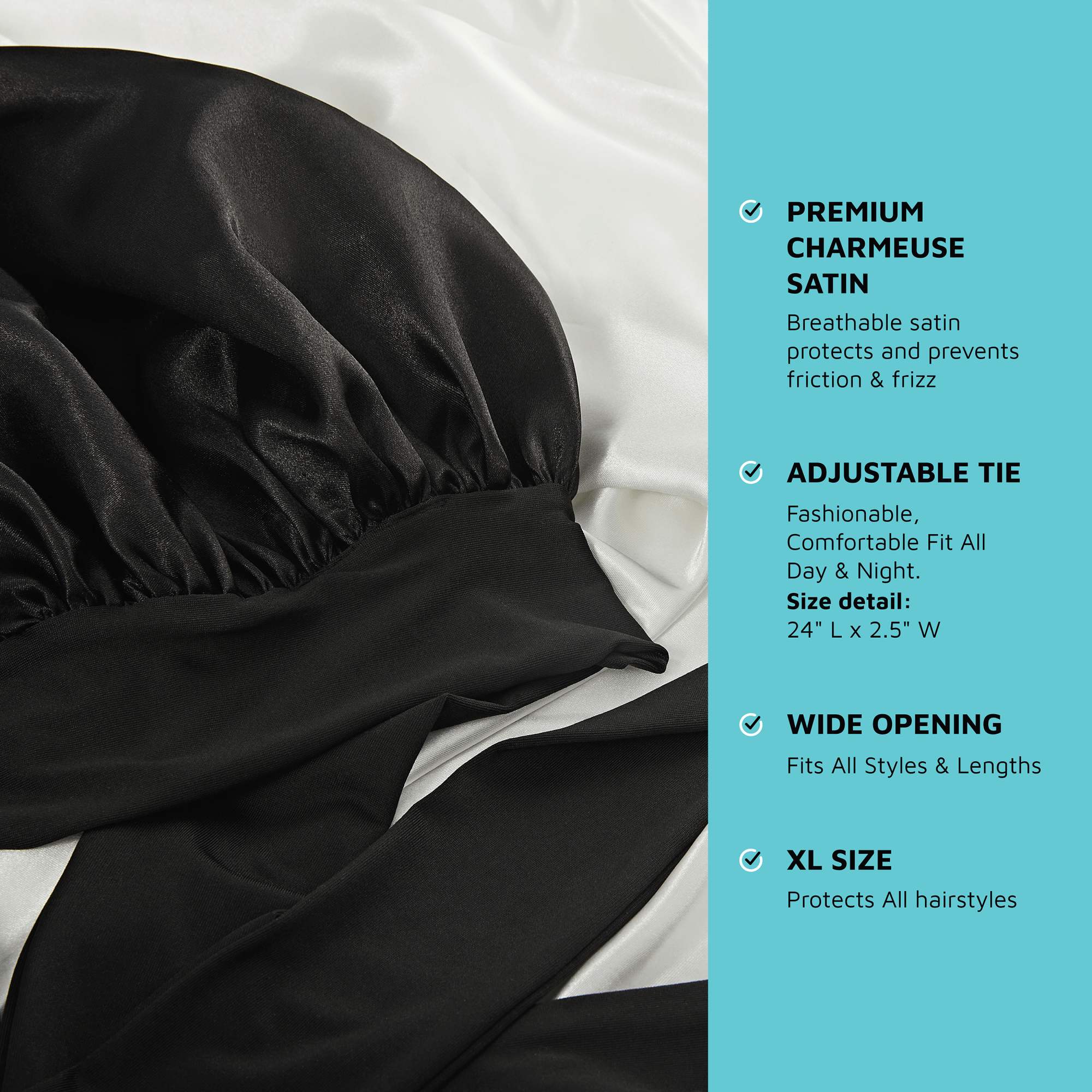 Kiss Colors &amp; Care Silky Satin Tie Band Edge Bonnet - Black