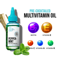Clear bottle of KISS Colors &amp; Care Peppermint Multivitamin Oil with turquoise cap, mint leaves, text highlighting biotin and vitamins A, C, E, K in colorful circles.