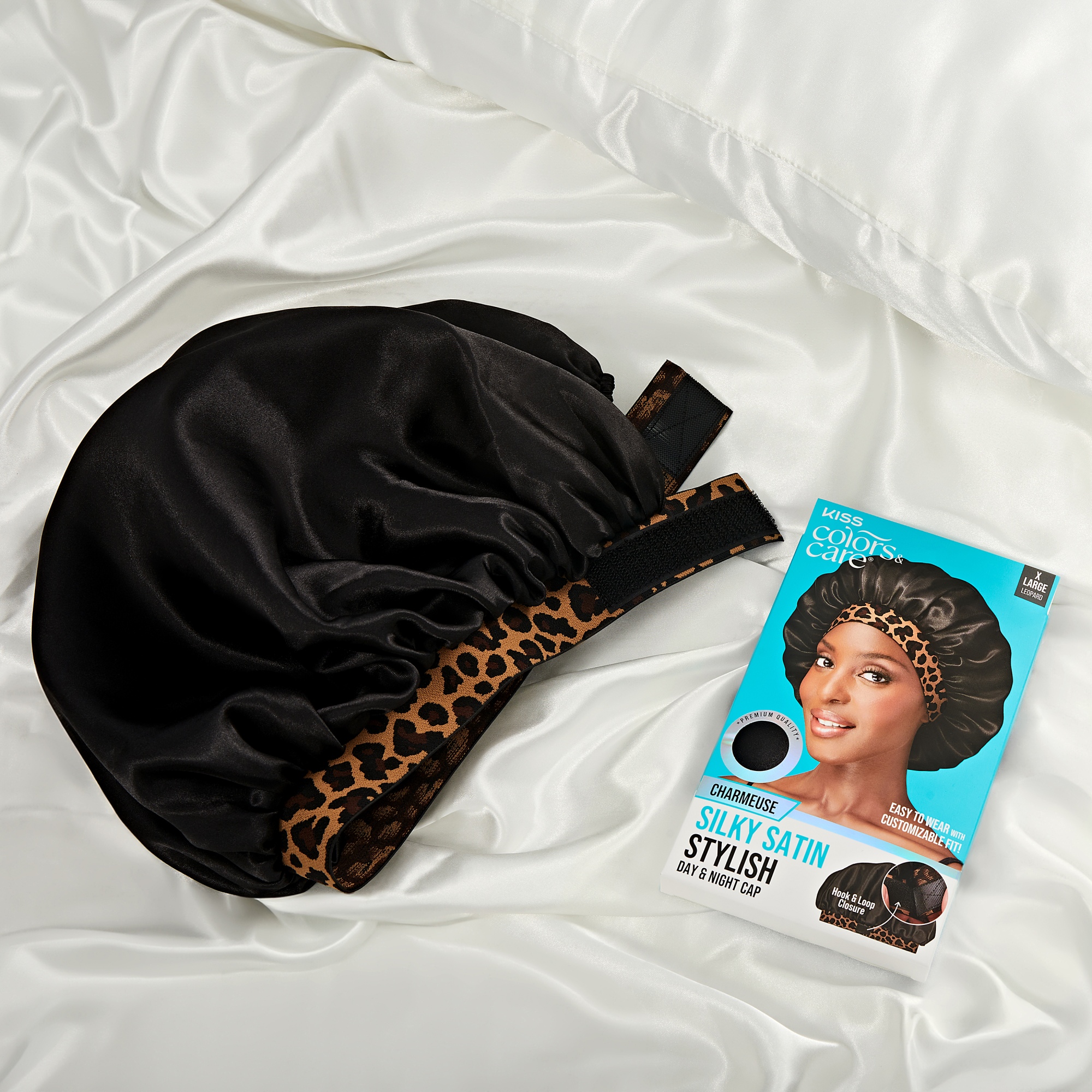 Kiss Colors &amp; Care Silky Charmeuse Satin Stylish Day &amp; Night Cap - Black &amp; Leopard
