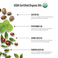 USDA Certified Organic Oils with labeled seeds and leaves: castor oil for hair growth, peppermint oil for nourishment, jojoba seed oil to reduce hair fall, pumpkin seed oil to inhibit DHT.