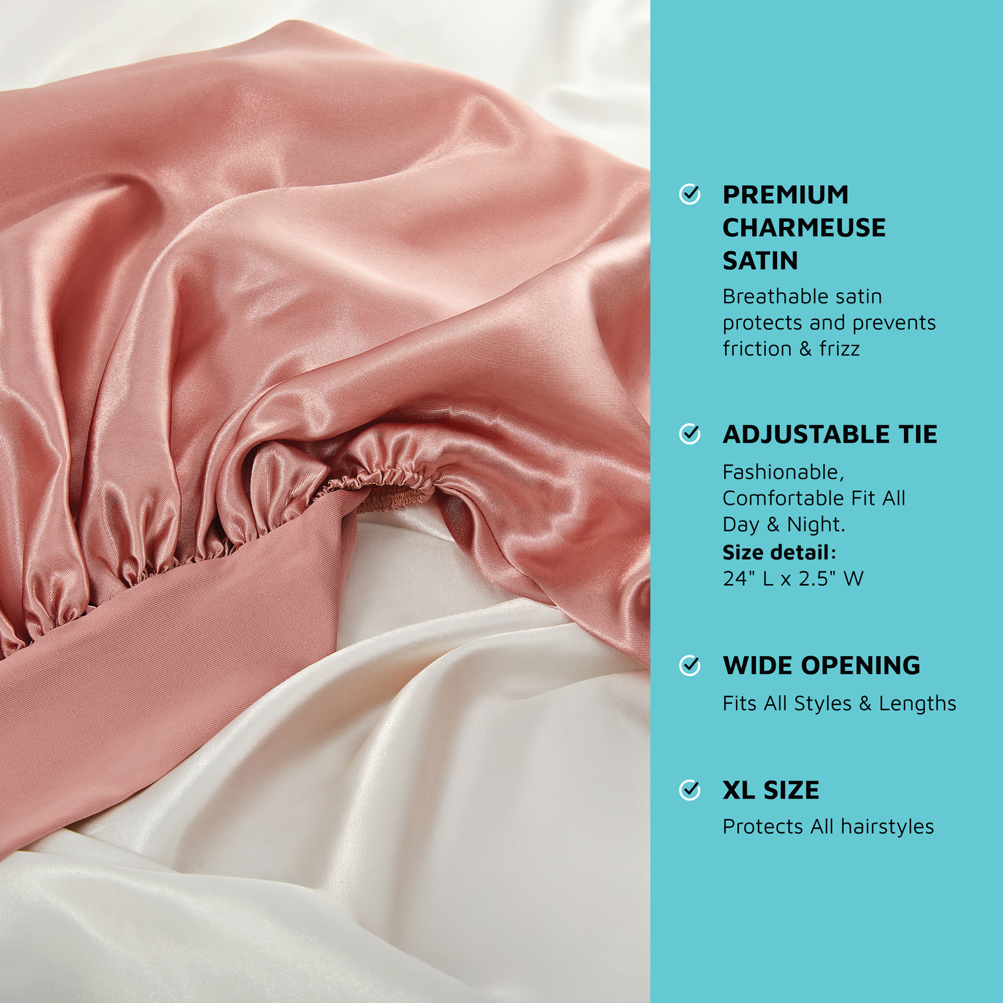 Kiss Colors &amp; Care Silky Satin Tie Band Braid Edge Bonnet - Dust Pink