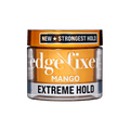 Clear jar of KISS Colors &amp; Care Edge Fixer Extreme Hold Gel with orange lid, labeled "NEW STRONGEST HOLD" and "MANGO EXTREME HOLD."