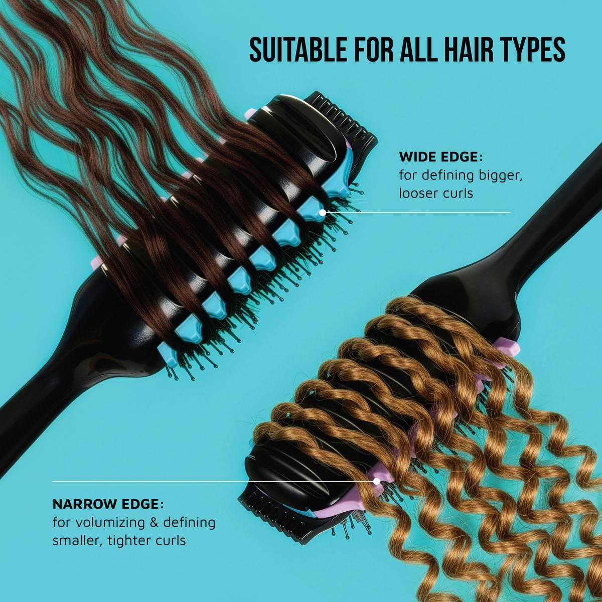 Two black and blue KISS SwitchCurl™ Define Brushes against a blue background, showing their wide edge for looser curls and narrow edge for tighter curls. Text reads "Suitable for all hair types."